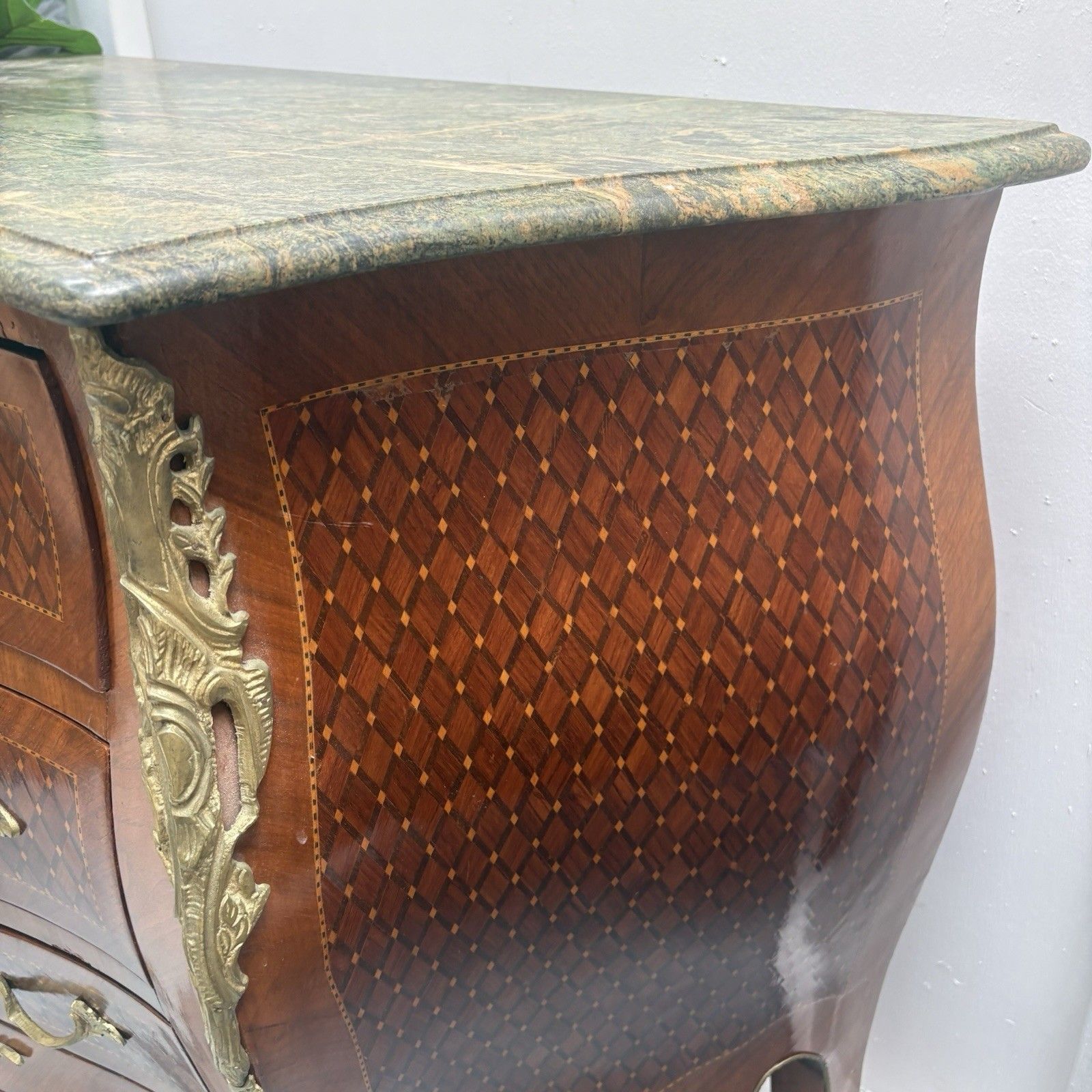Antique French Louis XV Style Marble Top Bombe Commode Chest Of Three Drawers photo vinterior