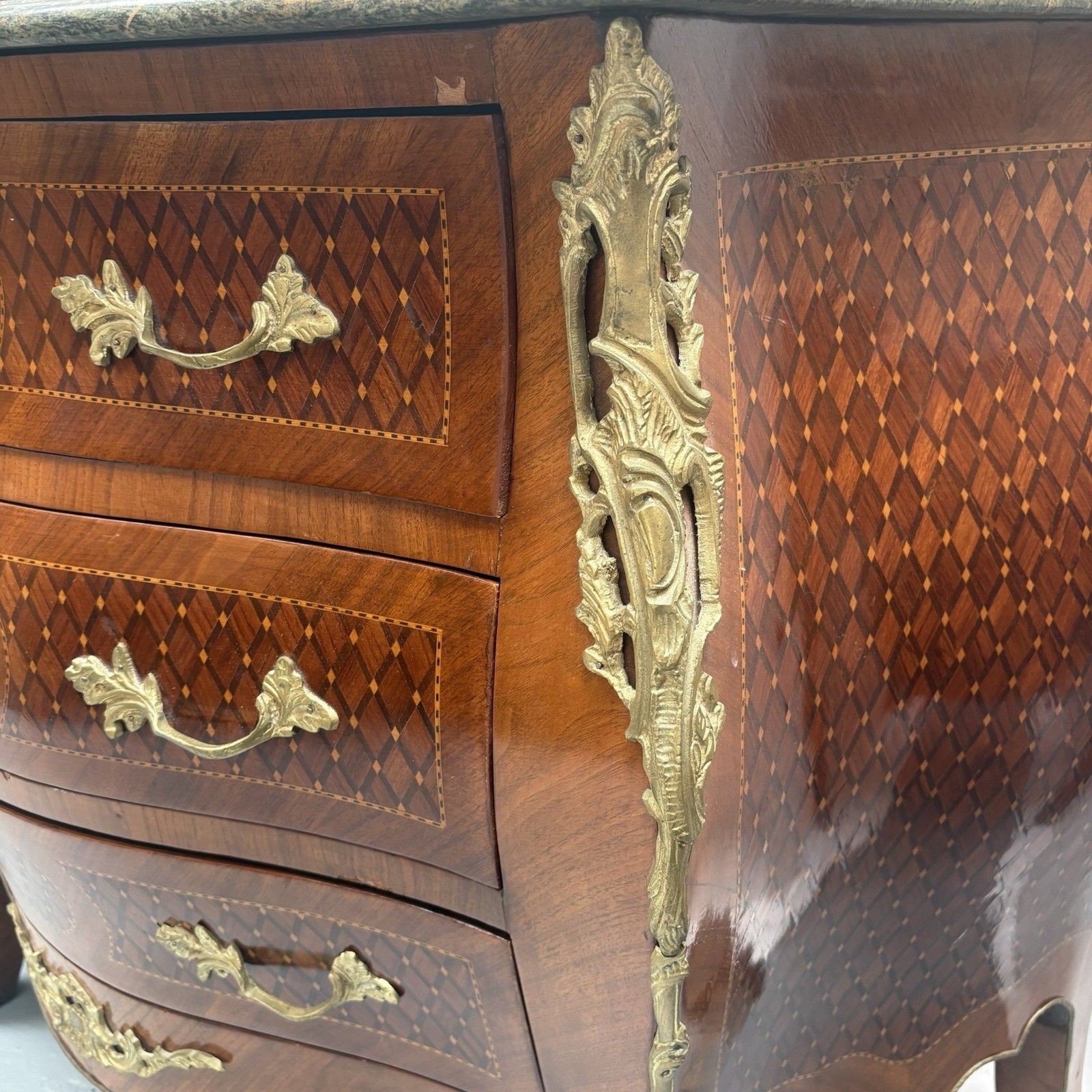 Antique French Louis XV Style Marble Top Bombe Commode Chest Of Three Drawers photo vintage