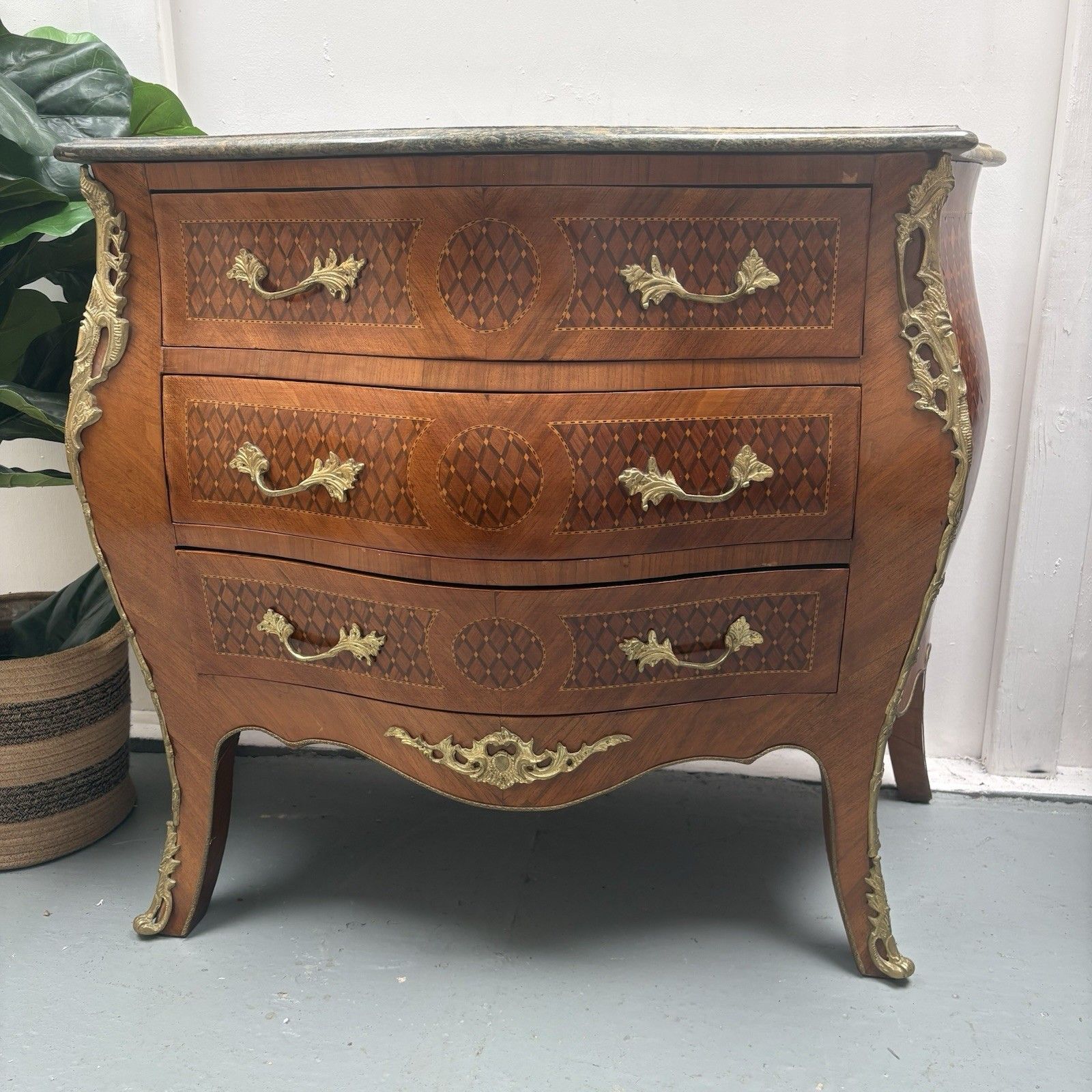 975.0 Antique French Louis XV Style Marble Top Bombe Commode Chest Of Three Drawers photo