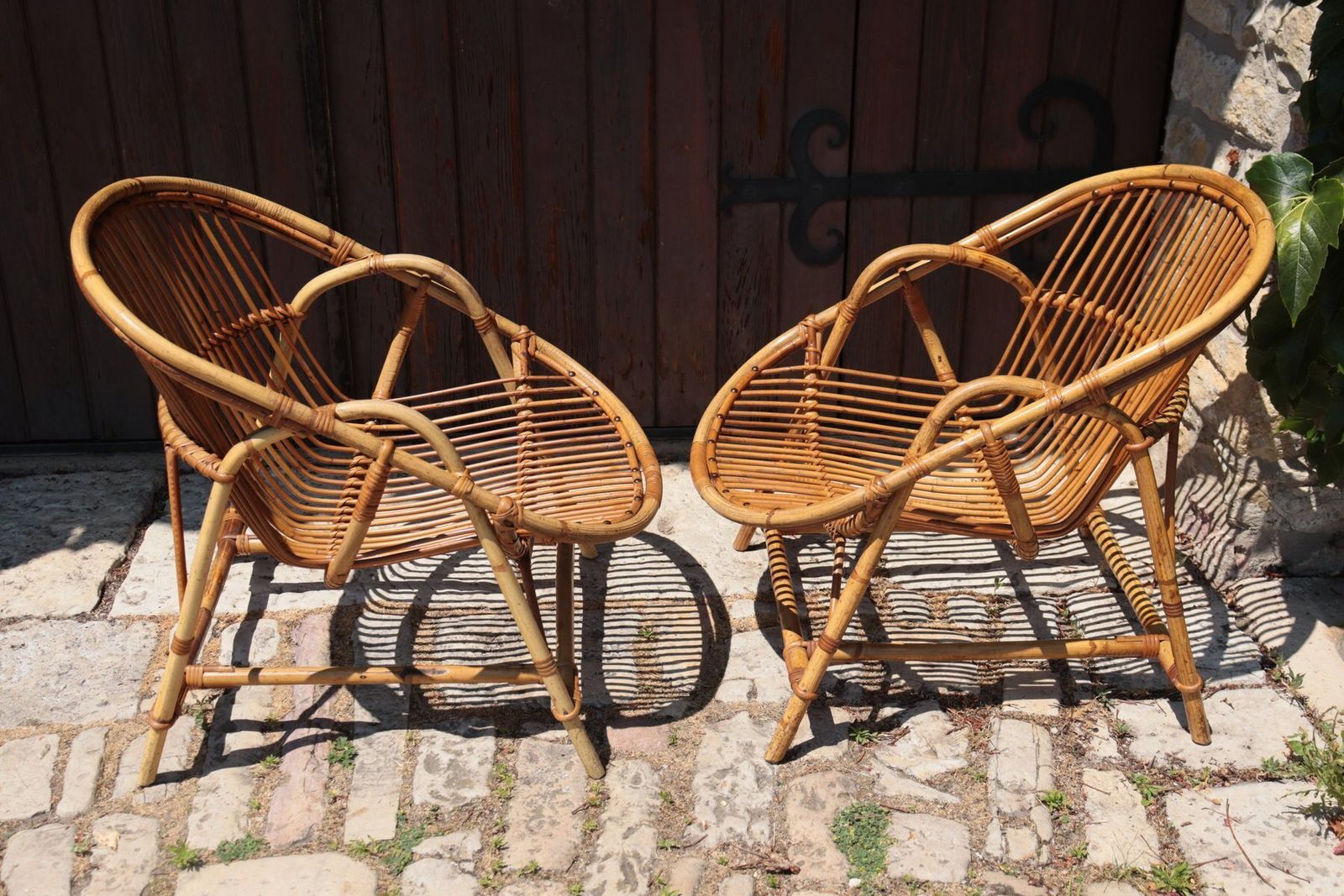 Set Of Rattan Armchairs By Audoux Minet, 1950 photo for sale