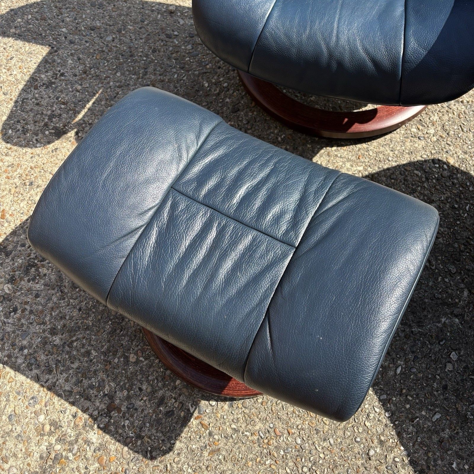 Pair Blue Leather Ekornes Stressless Windsor Teak Frame Recliner Chairs & Stool photo furniture