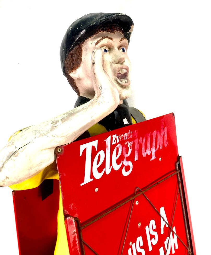 Life Size Antique Advertising Display – 1970s Evening Telegraph Paper Boy photo vintage