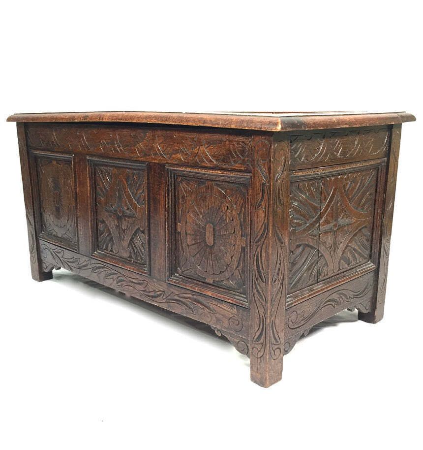 Antique Wooden Oak Hand Craved Panelled Storage Blanket Box / Coffer C.1900 photo furniture