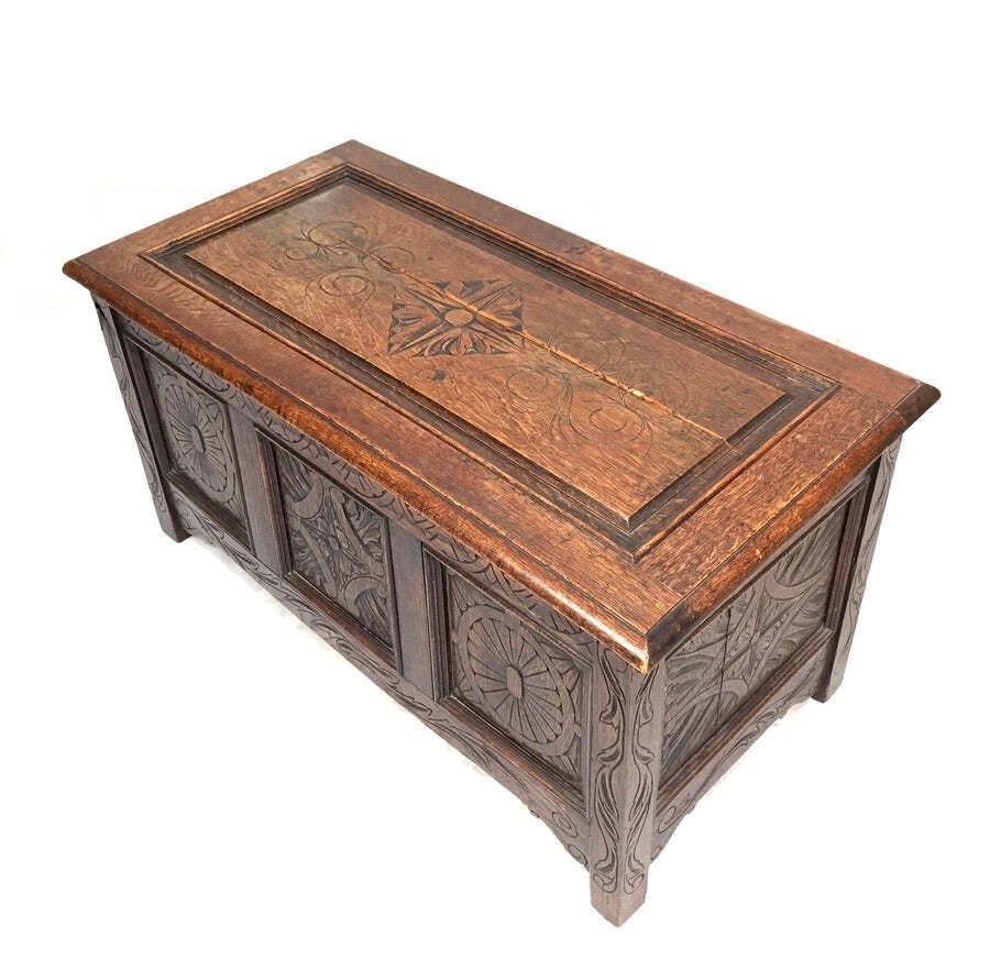 Antique Wooden Oak Hand Craved Panelled Storage Blanket Box / Coffer C.1900 photo Furniture