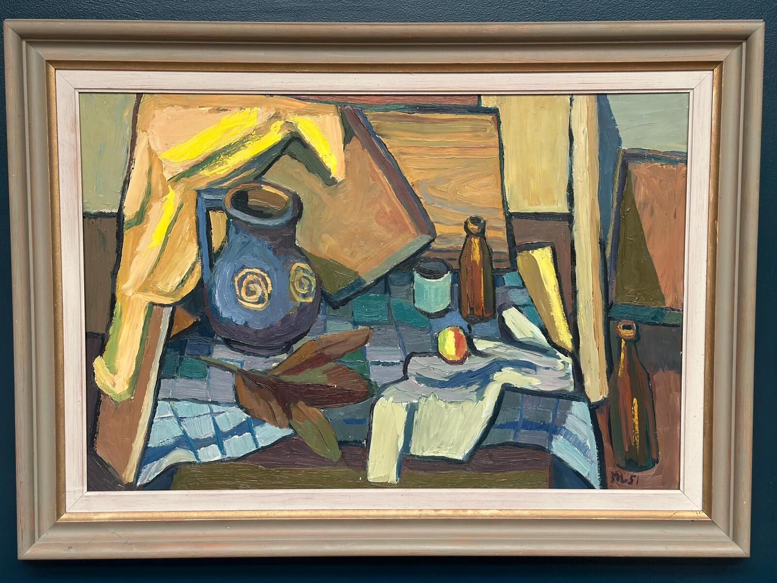 Original Swedish Oil On Panel – “Still Life With Jug And Bottles” By Martin Lindberg – 1951 – Vintage & Framed – 79 × 109 Cm (31.1" × 42.9") photo 1075.0