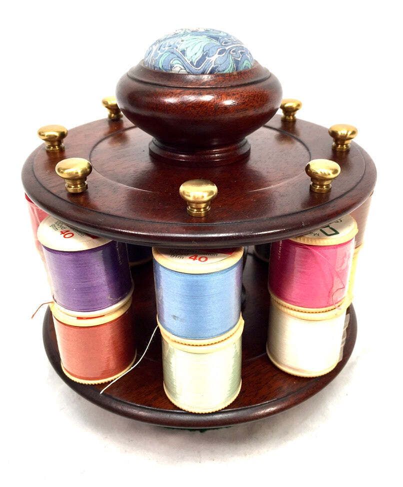 Vintage Mahogany Wood Tabletop Revolving Cotton Spool Reel Holder & Pin Cushion photo Home Decor