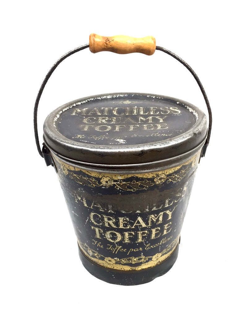 Antique Advertising 1920s J Bottomley & Sons Matchless Creamy Toffee Tin Bucket photo buy