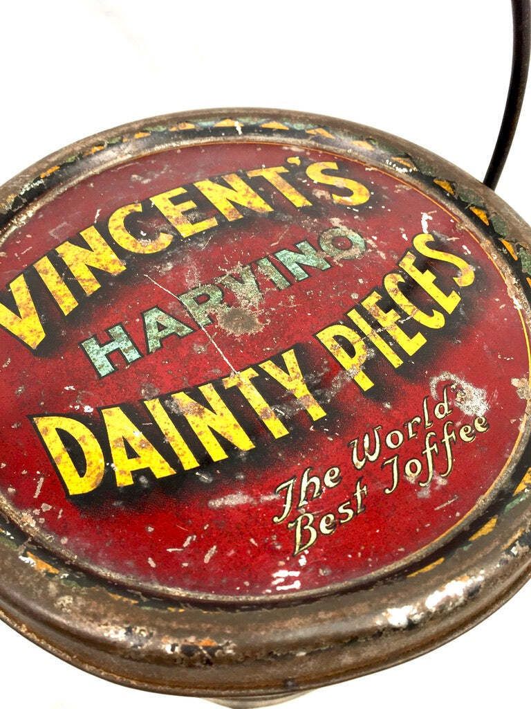 Antique Advertising 1920s Vincents Harvino Dainty Pieces Toffee Tin Bucket Shape photo Home Decor