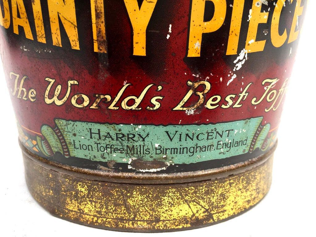 Antique Advertising 1920s Vincents Harvino Dainty Pieces Toffee Tin Bucket Shape photo buy