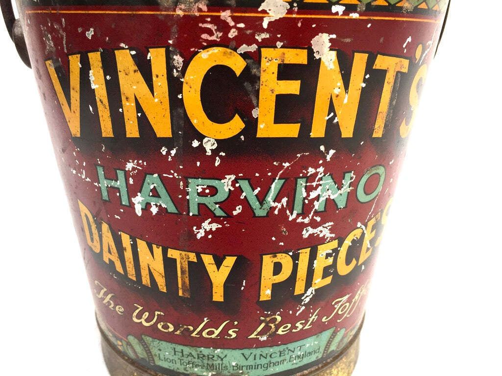 Antique Advertising 1920s Vincents Harvino Dainty Pieces Toffee Tin Bucket Shape photo vintage