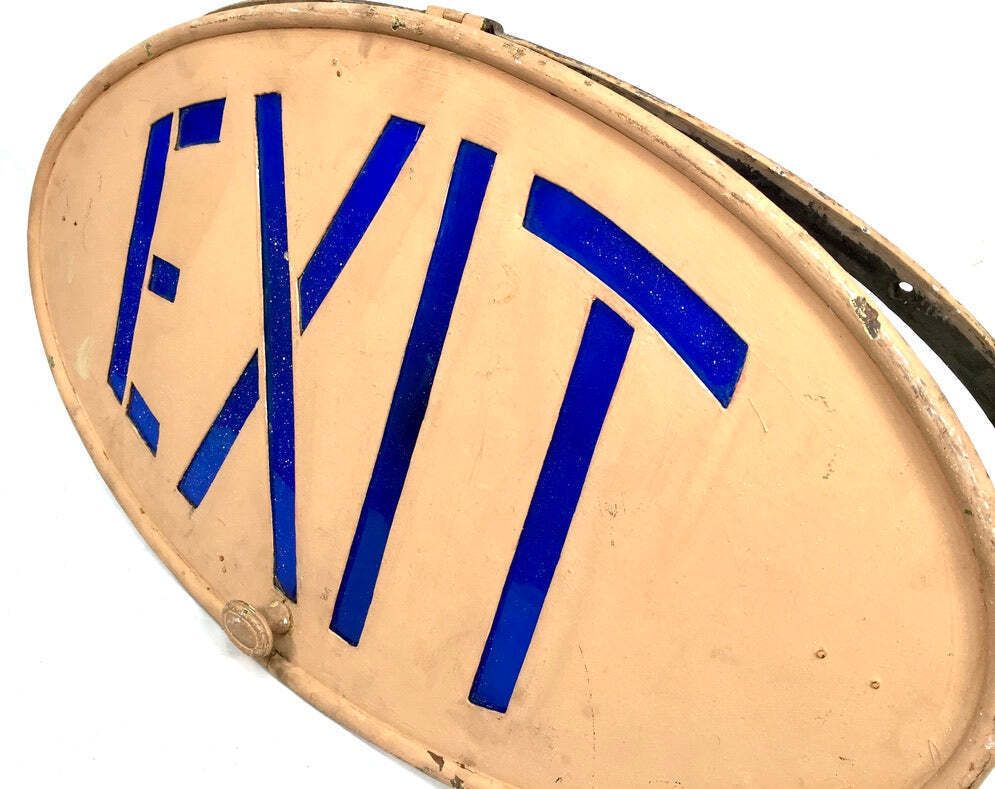 Antique Art Deco Reclaimed / Salvaged Building / Door Exit Sign / Blue C.1930 photo vintage