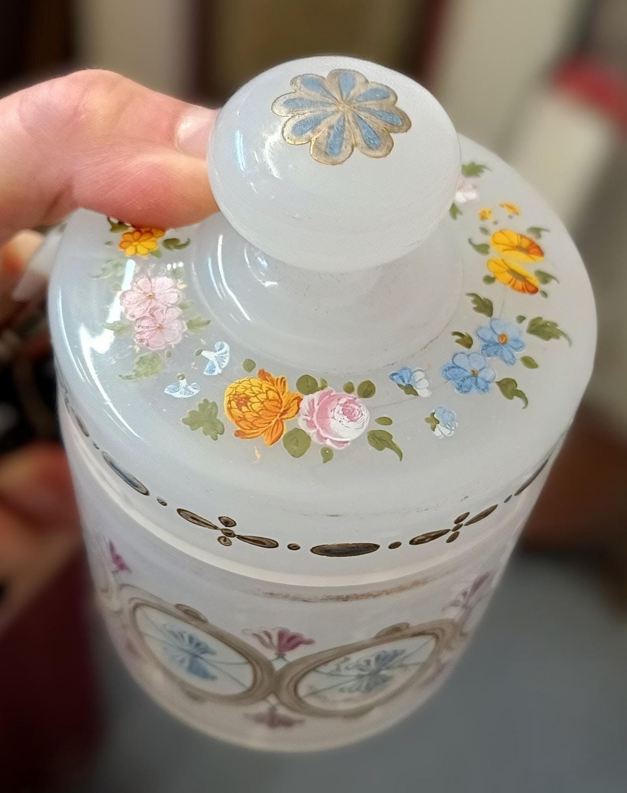 photo buy Antique Opaline Glass Cookies Jar: Hand Enamelled, Late Biedermeier, Romantic Revival, 1860s