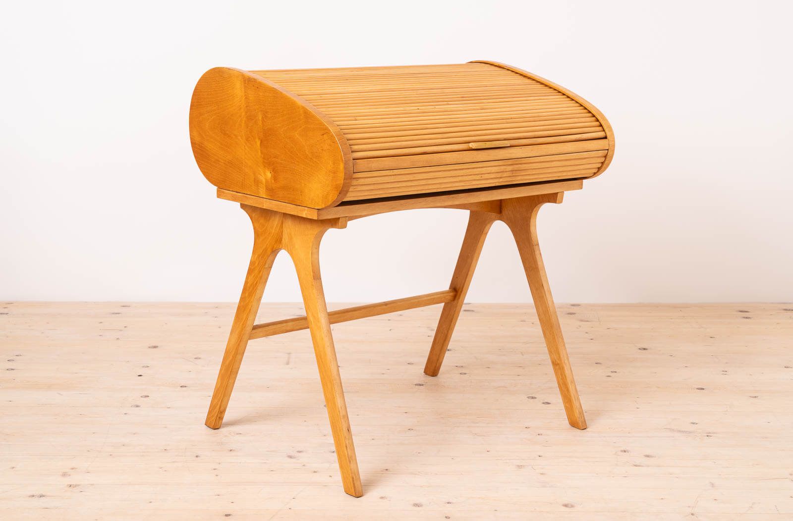Rare Mid Century Modern Desk With Roll Top, Maple Veneer, 1950s, Fully Restored