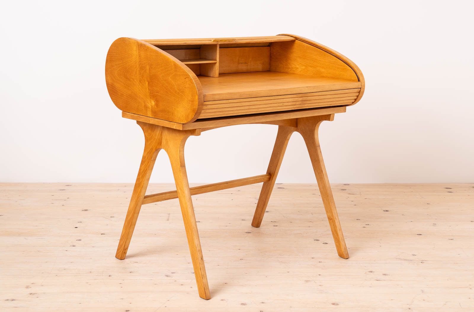 Rare Mid Century Modern Desk With Roll Top, Maple Veneer, 1950s, Fully Restored photo furniture