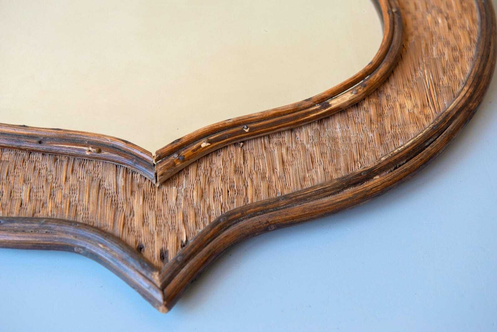 photo for sale Vintage Shield Mirror Large Rattan Wicker Frame Beveled Glass Coastal Wall Decor