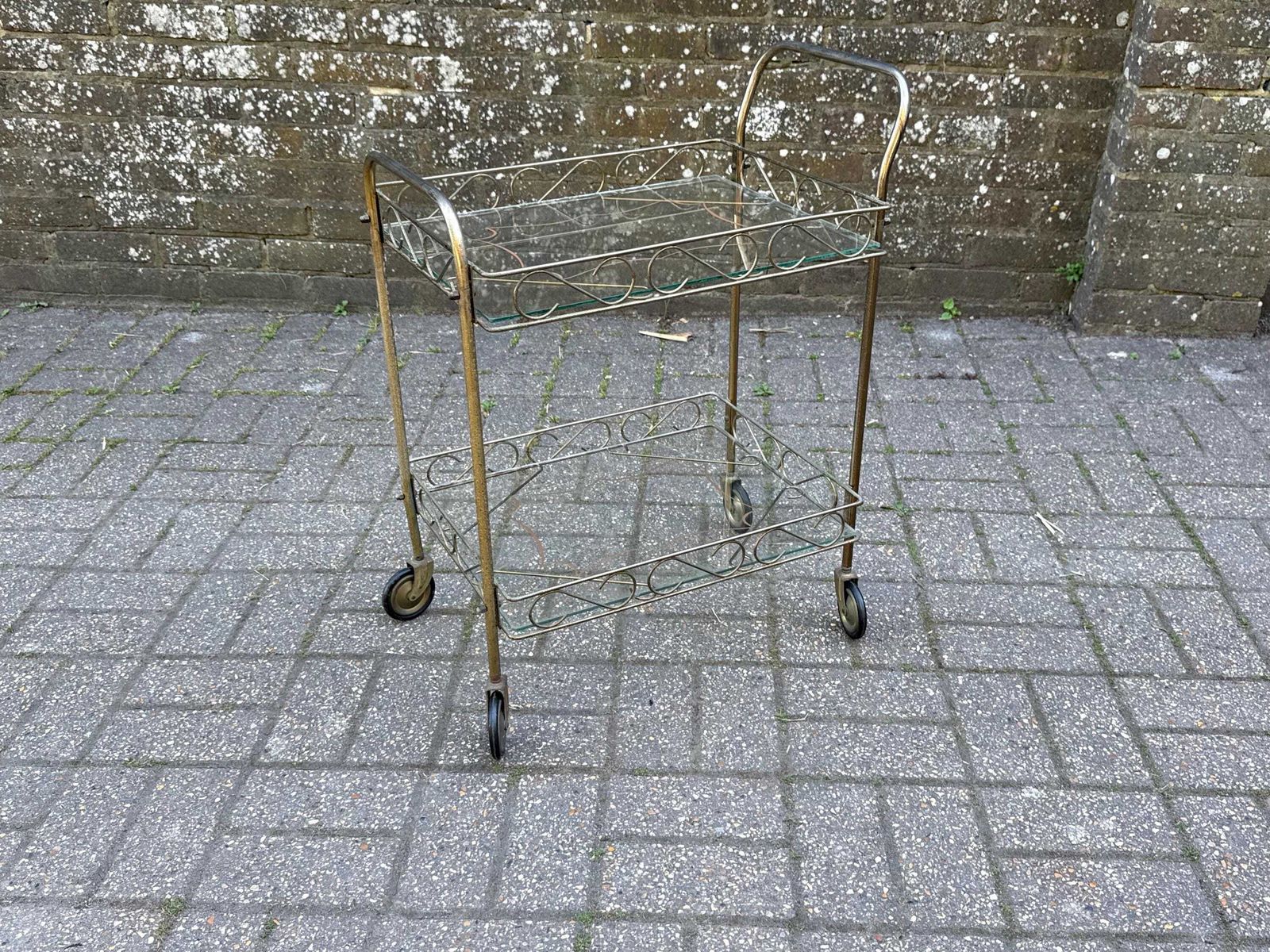 Small Vintage Brass And Glass Drinks Trolley Mid Century Bar Cart On Casters photo 175.0