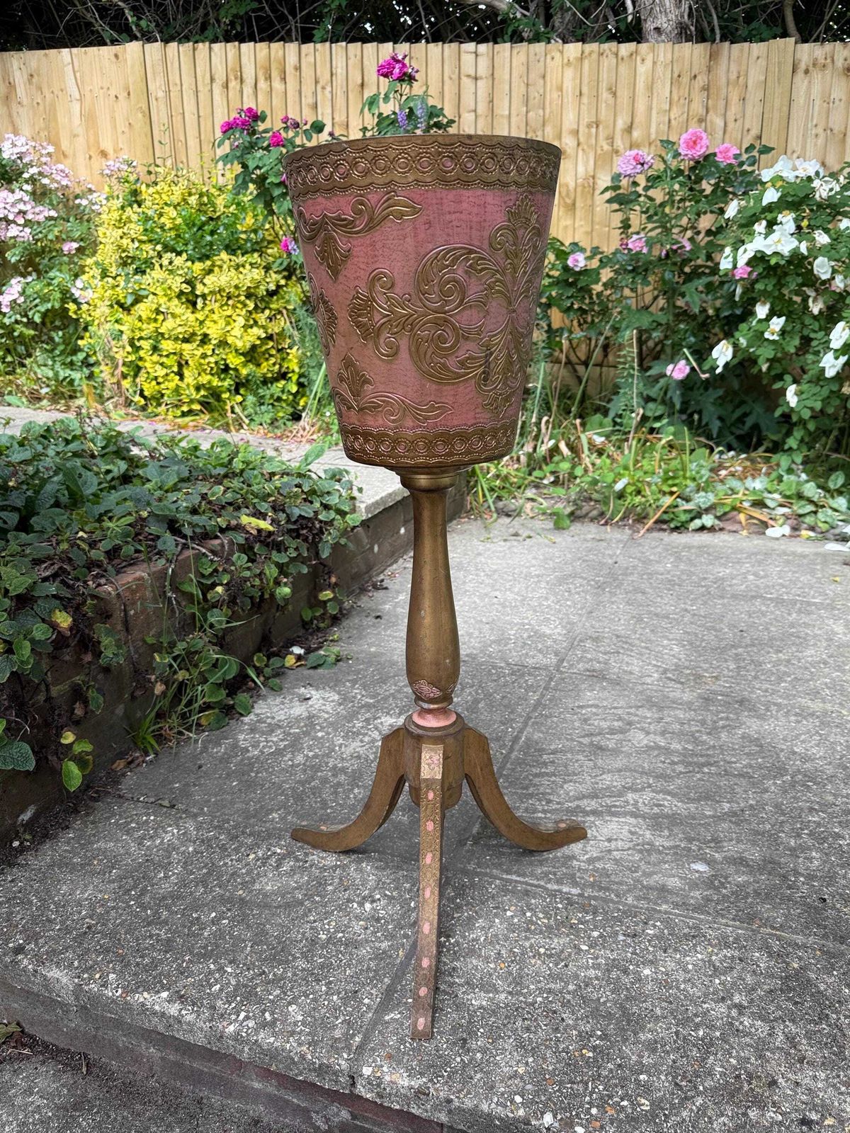 photo for sale Rare Vintage 1970s Pink And Gold Pedestal Planter Antique Style Jardiniere Stand
