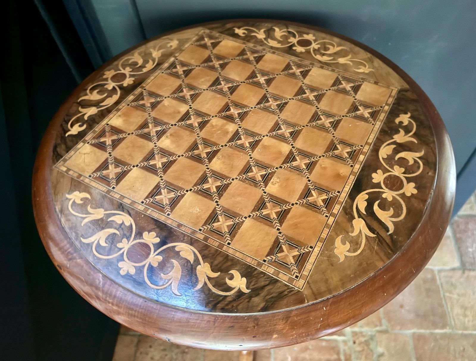 Antique Inlaid Chess Table English Games Board With Storage Victorian Sewing Table photo furniture