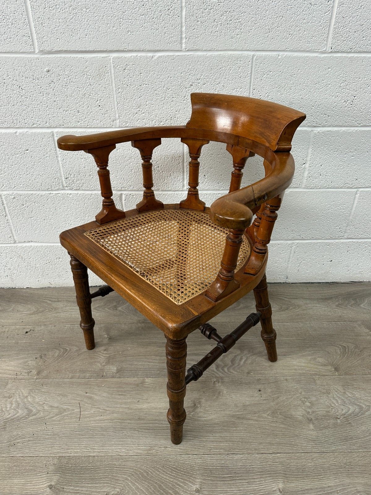 Victorian Mahogany & Oak Captain Chair Smoker’s Bow Back Seat W/ Cane Antique photo for sale