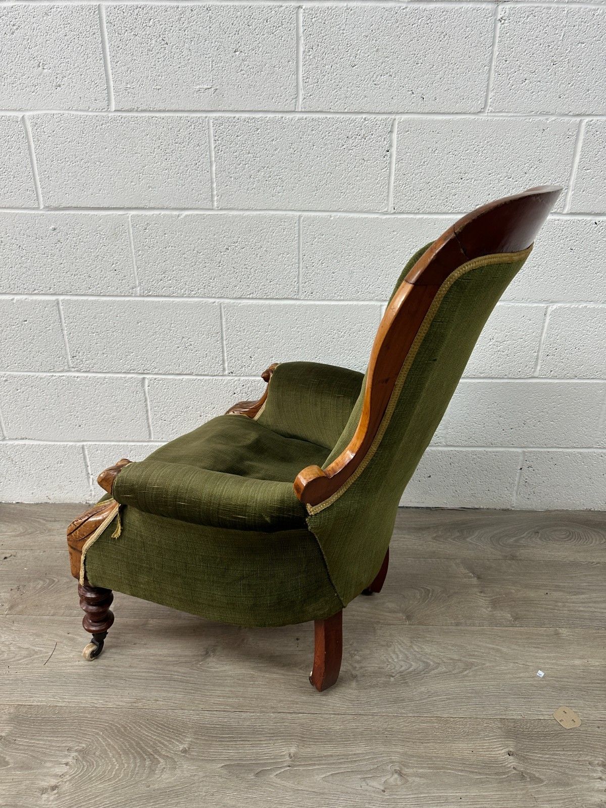 Victorian Carved Mahogany Armchair Green Upholstery Button Back Original Castors photo for sale