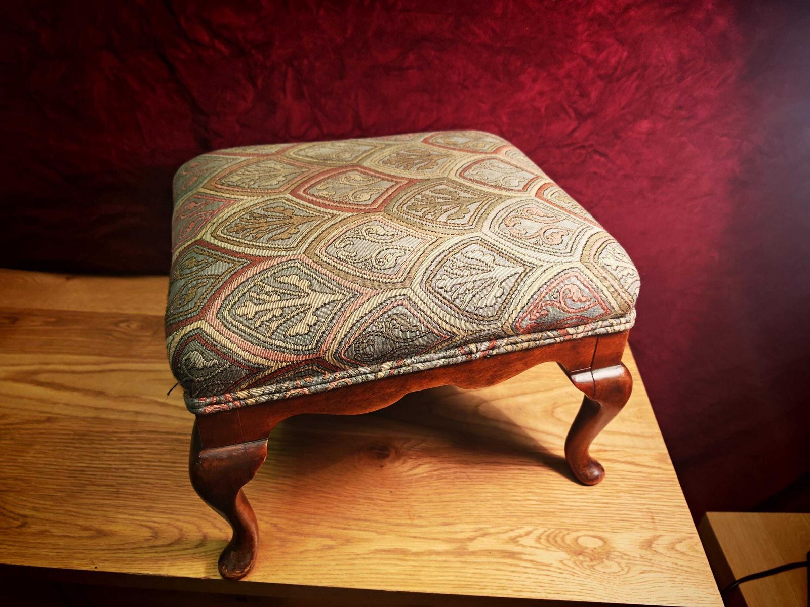 Vintage Footstool. Medieval Revival. Sage Green, Salmon And Grey. Very Good Condition.