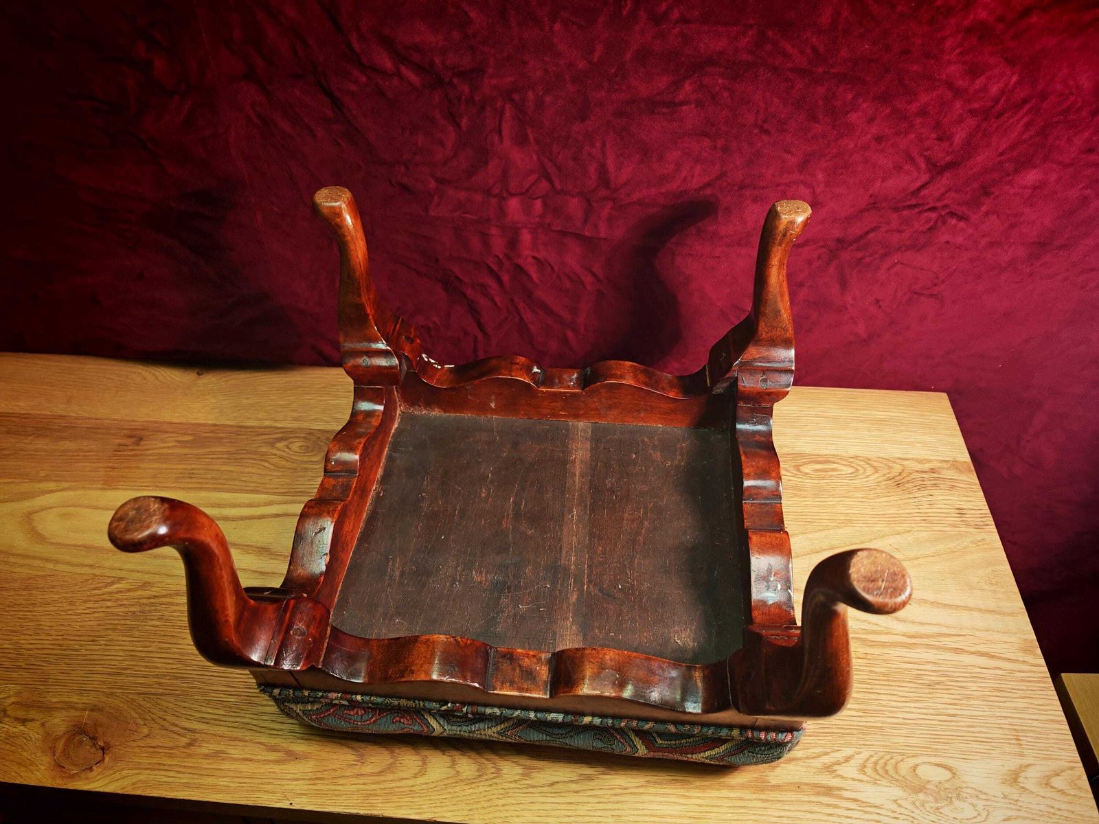 Vintage Footstool. Medieval Revival. Sage Green, Salmon And Grey. Very Good Condition. photo vintage