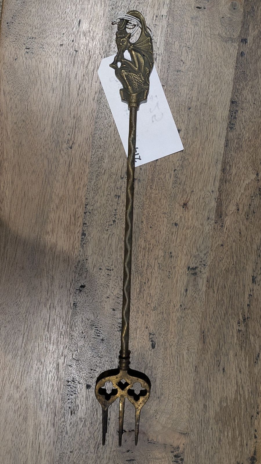 Victorian Brass Toasting Fork  Gargoyle Handle   Pierced Quatrefoil Head