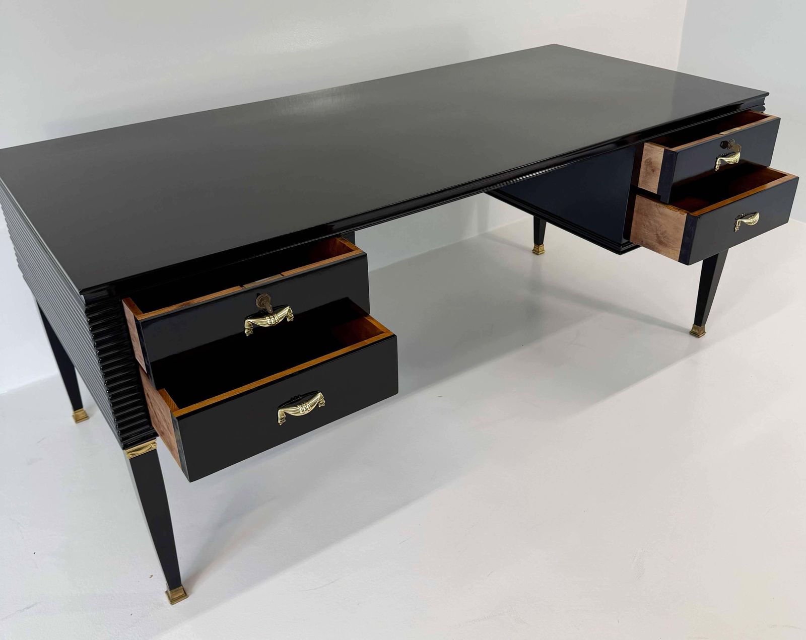 photo for sale Art Deco Black And Brass Desk, 'Permanente Mobili Cantù', Paolo Buffa, 1950s