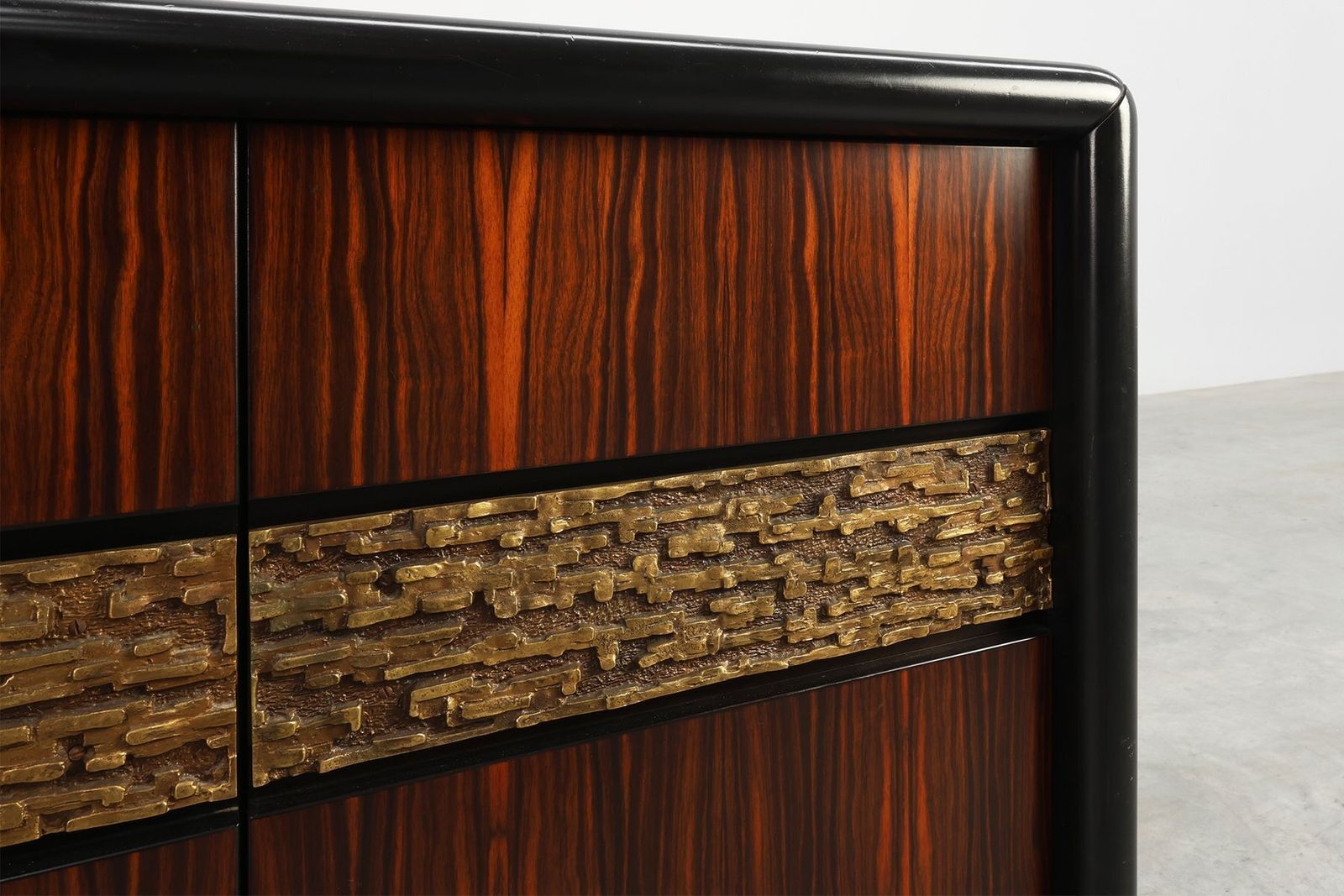 Brutalist Sculptural Wood And Brass Credenza, Italy, 1970s photo furniture