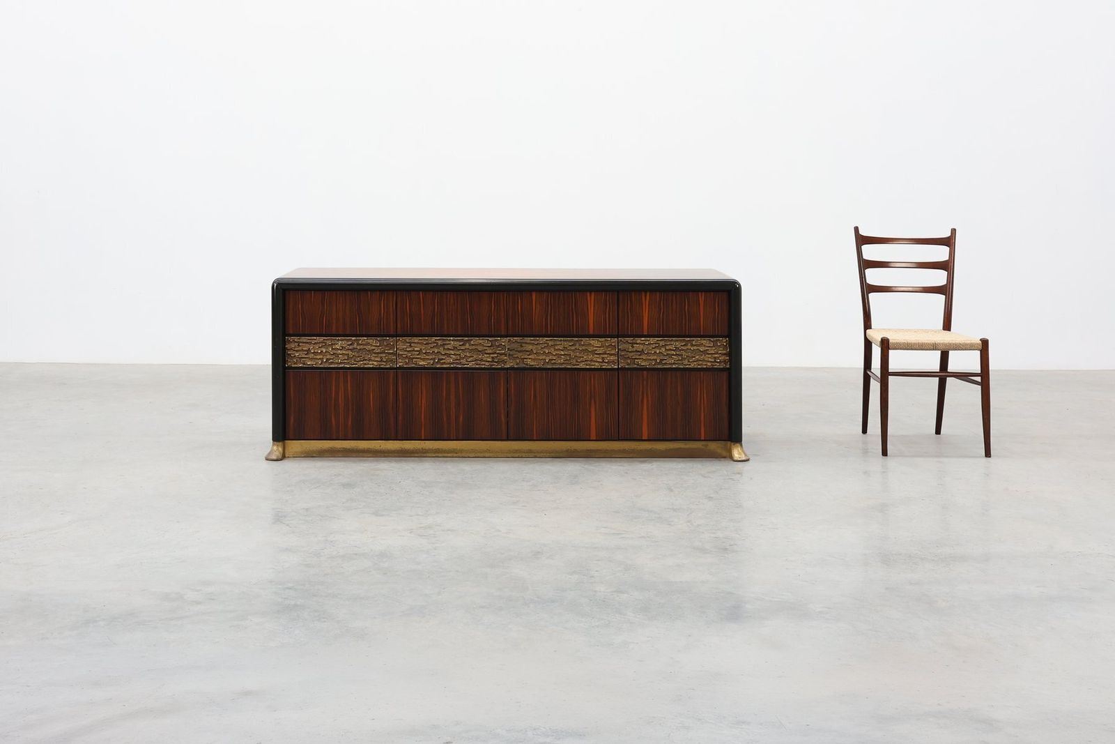 Brutalist Sculptural Wood And Brass Credenza, Italy, 1970s photo for sale