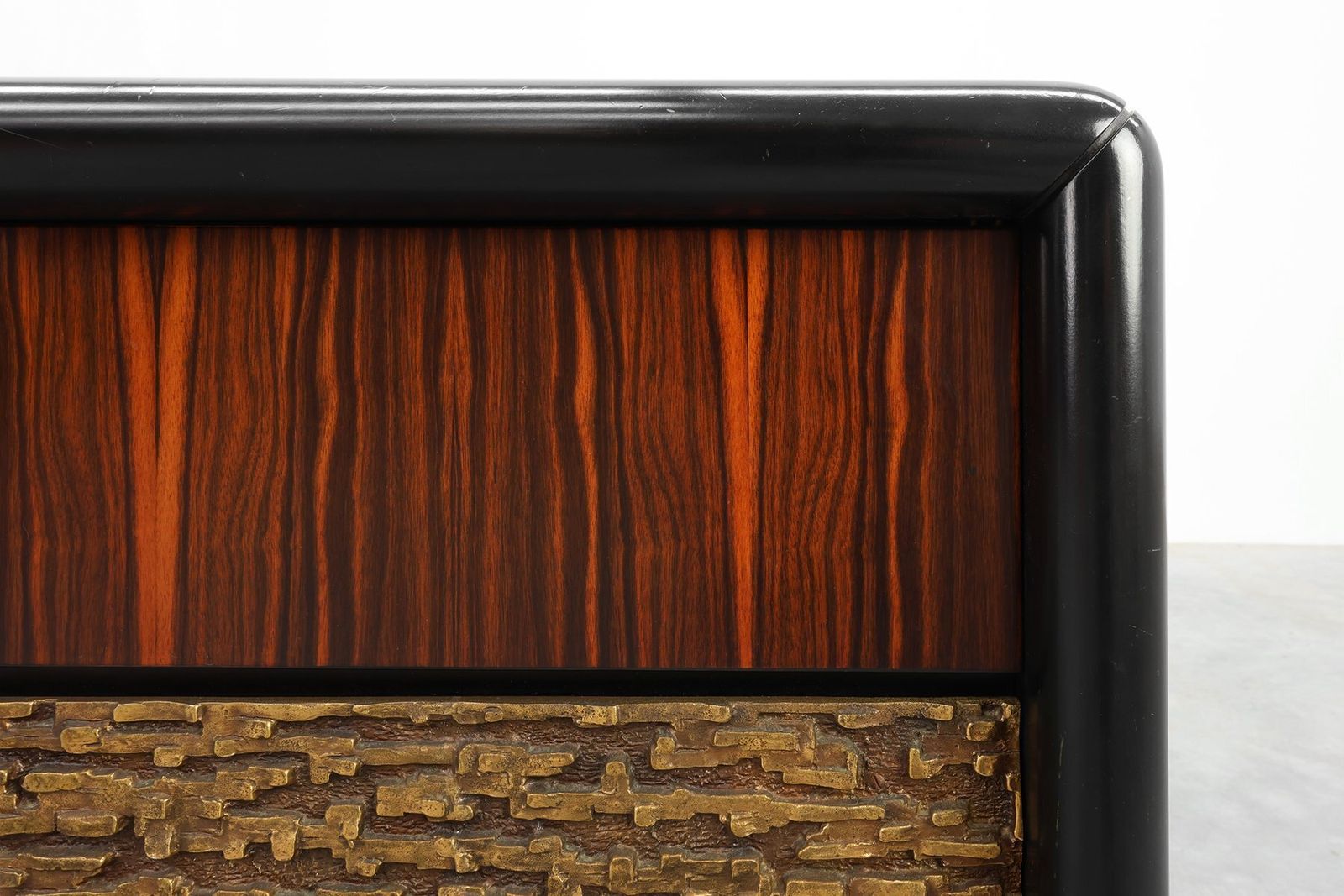 photo for sale Brutalist Sculptural Wood And Brass Credenza, Italy, 1970s