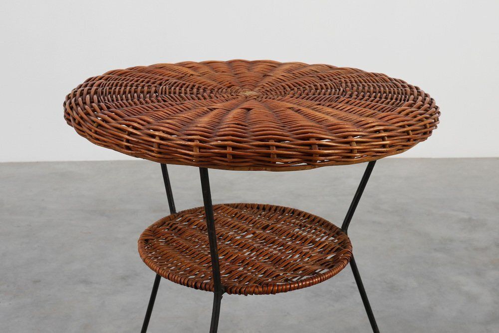 Mid Century Woven Rattan, Wicker And Iron Two Tier Round Coffee Table, Italy, 1960s photo furniture