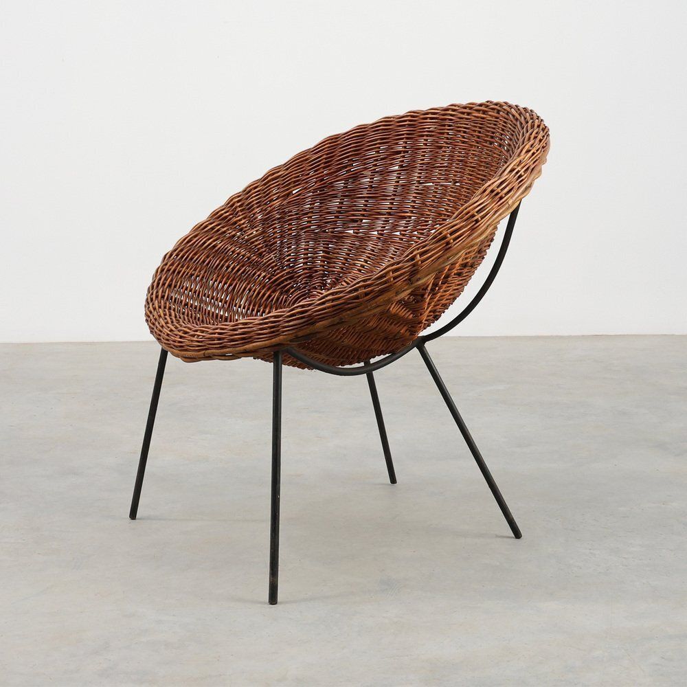 Mid Century Woven Rattanwicker And Iron Basket Chair, Italy, 1960s photo for sale