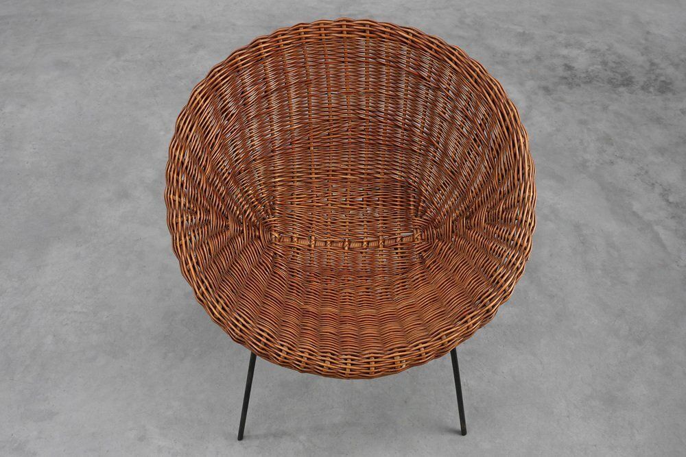 Furniture Mid Century Woven Rattanwicker And Iron Basket Chair, Italy, 1960s photo