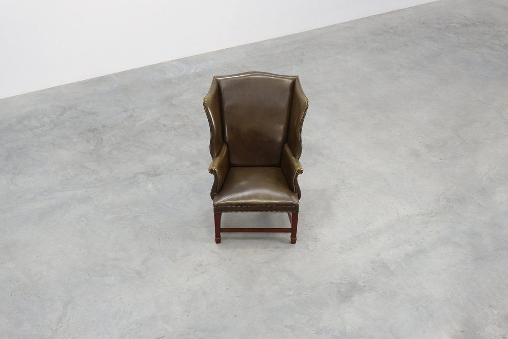 3581.0 Mid Century Modern Wing Back Chair In Green Leather, 1980s photo