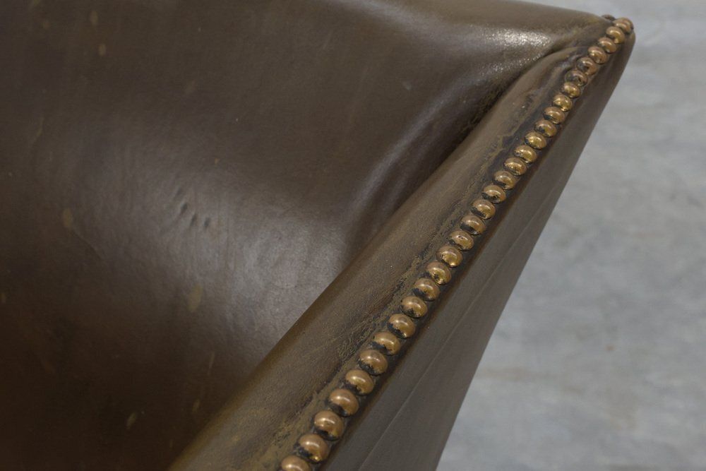 photo vinterior Mid Century Modern Wing Back Chair In Green Leather, 1980s