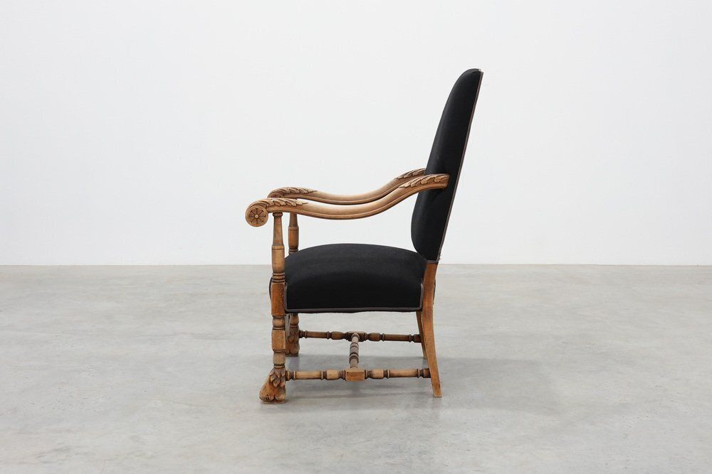 Antique Louis XIII Chair In Black Linen, France, 1800s photo for sale