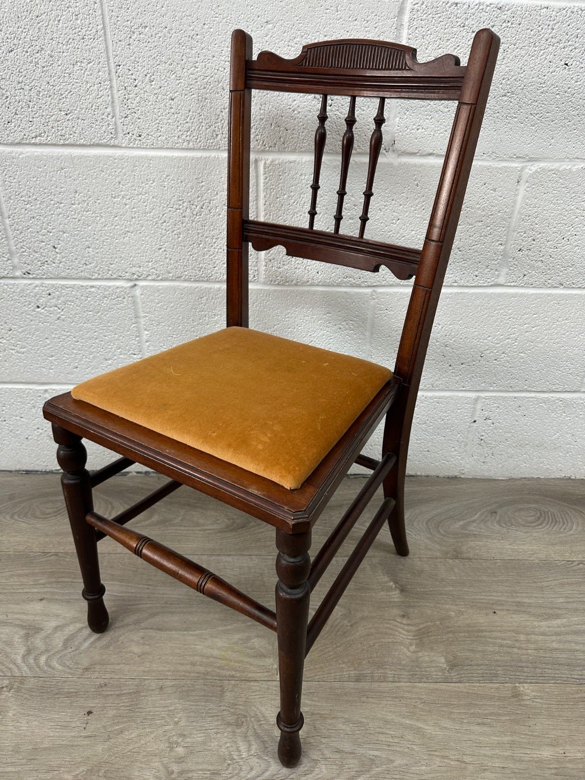 Edwardian Mahogany Bedroom Hall Chair Seat Turned Spindle Back Yellow Upholstery