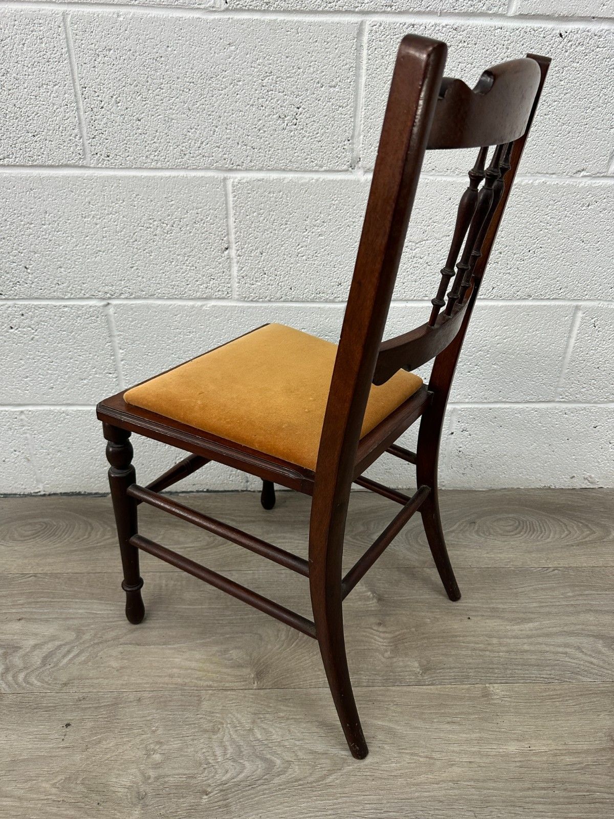 Edwardian Mahogany Bedroom Hall Chair Seat Turned Spindle Back Yellow Upholstery photo for sale