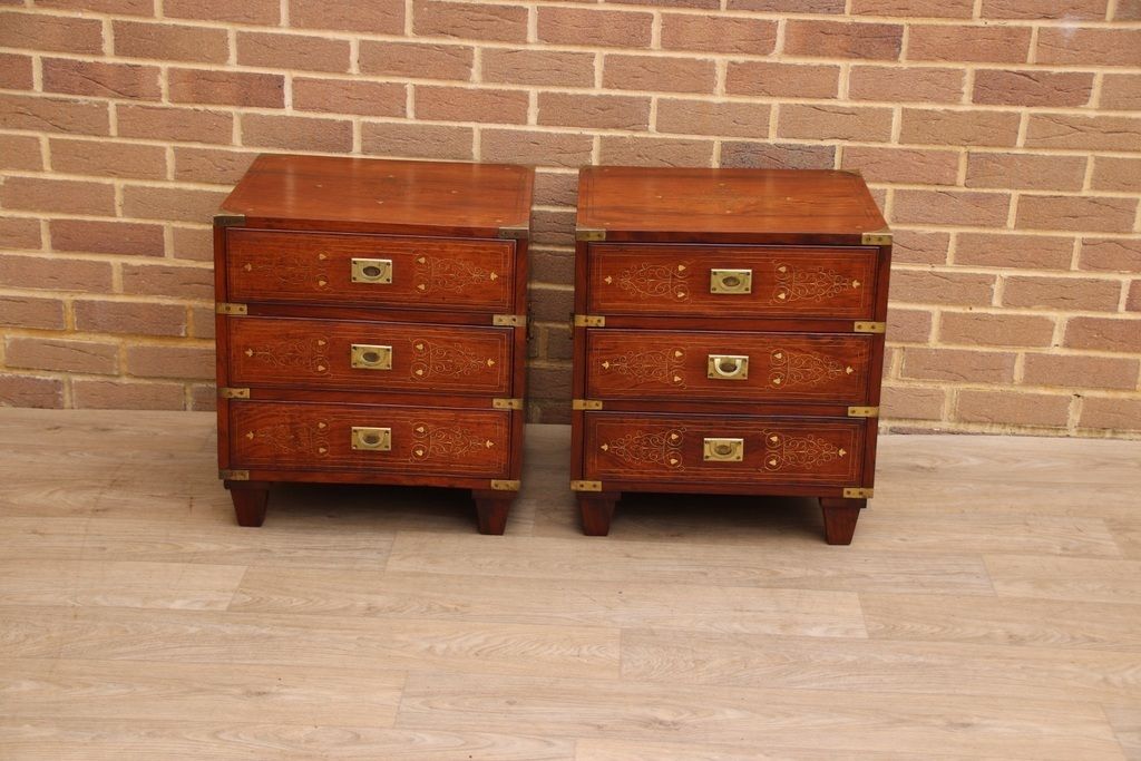 Pair Of Rosewood Military Campaign Solid Wood Bedside Tables