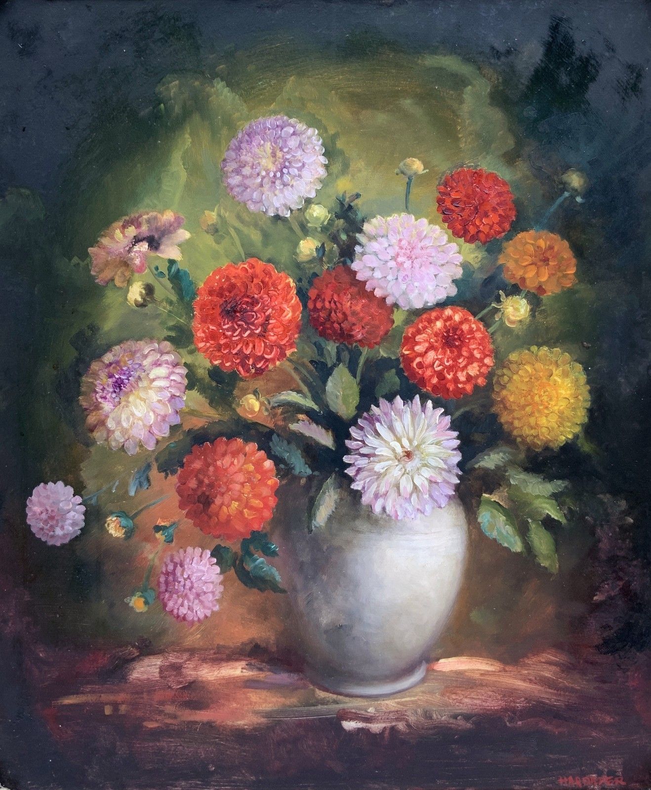 Large Superb Still Life Of Dahlias Oil Painting By James Hardaker (1901 1991) photo furniture