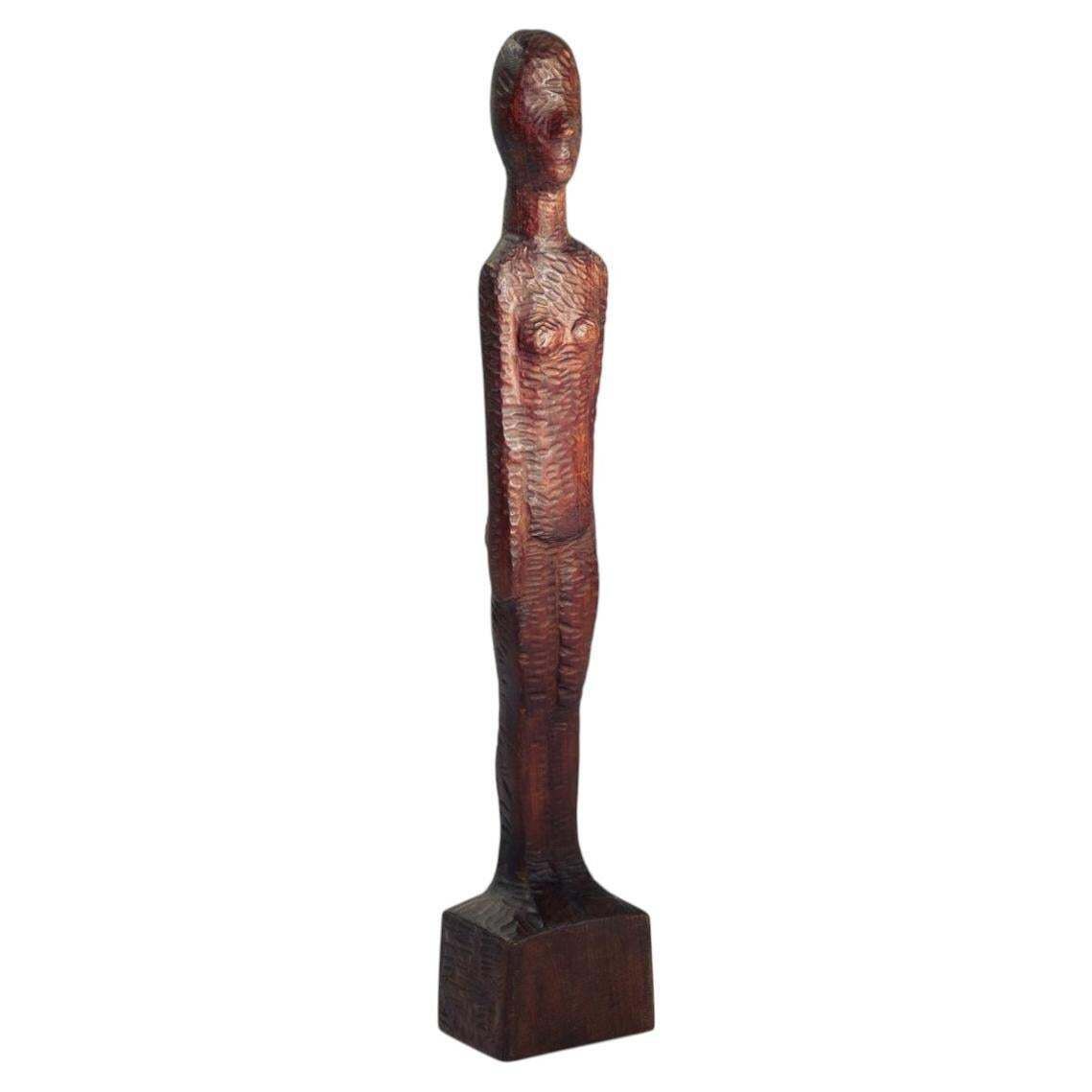 Dutch Brutalist Carved Wood Sculpture Of Womans Figure, Height 95cm, 1970s