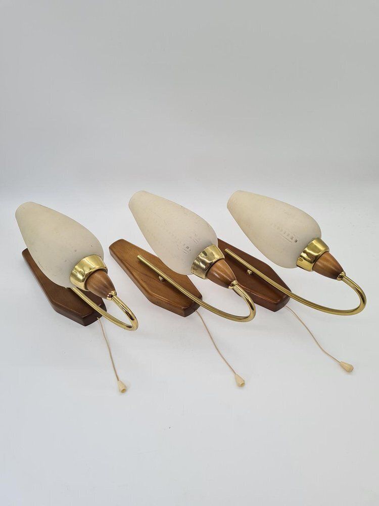 Mid Century Modern Wall Sconces In Wood And Brass, 1950s 1960s, Set Of 3 photo furniture
