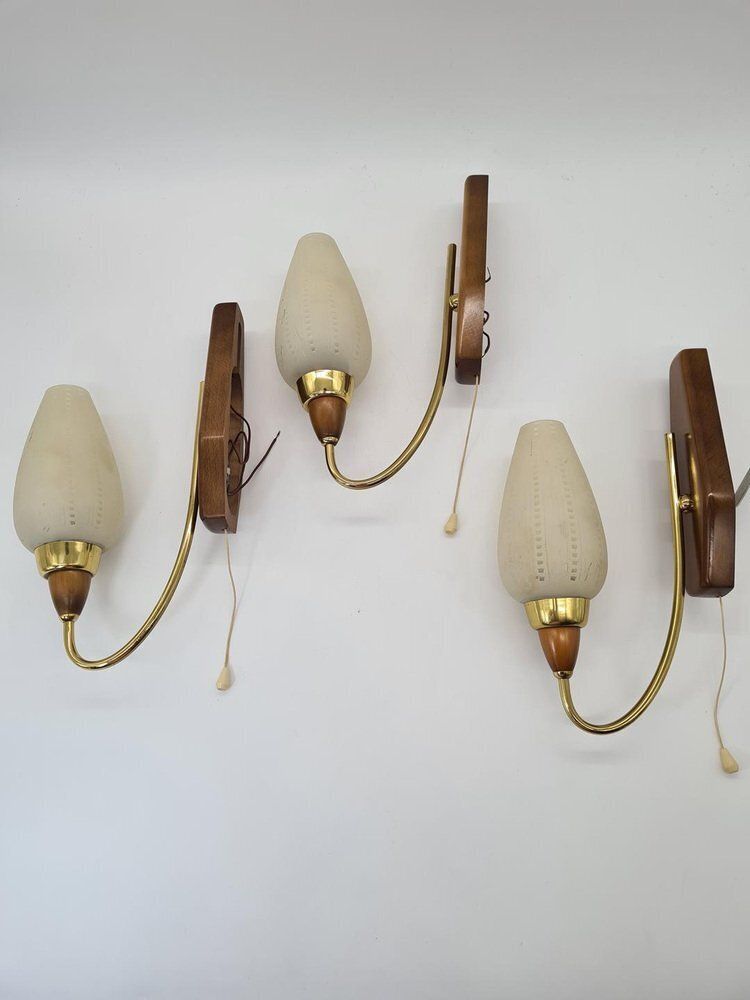 photo furniture Mid Century Modern Wall Sconces In Wood And Brass, 1950s 1960s, Set Of 3