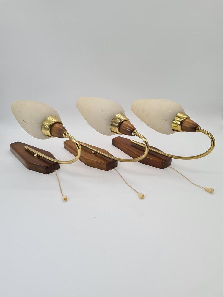 Lighting Mid Century Modern Wall Sconces In Wood And Brass, 1950s 1960s, Set Of 3 photo