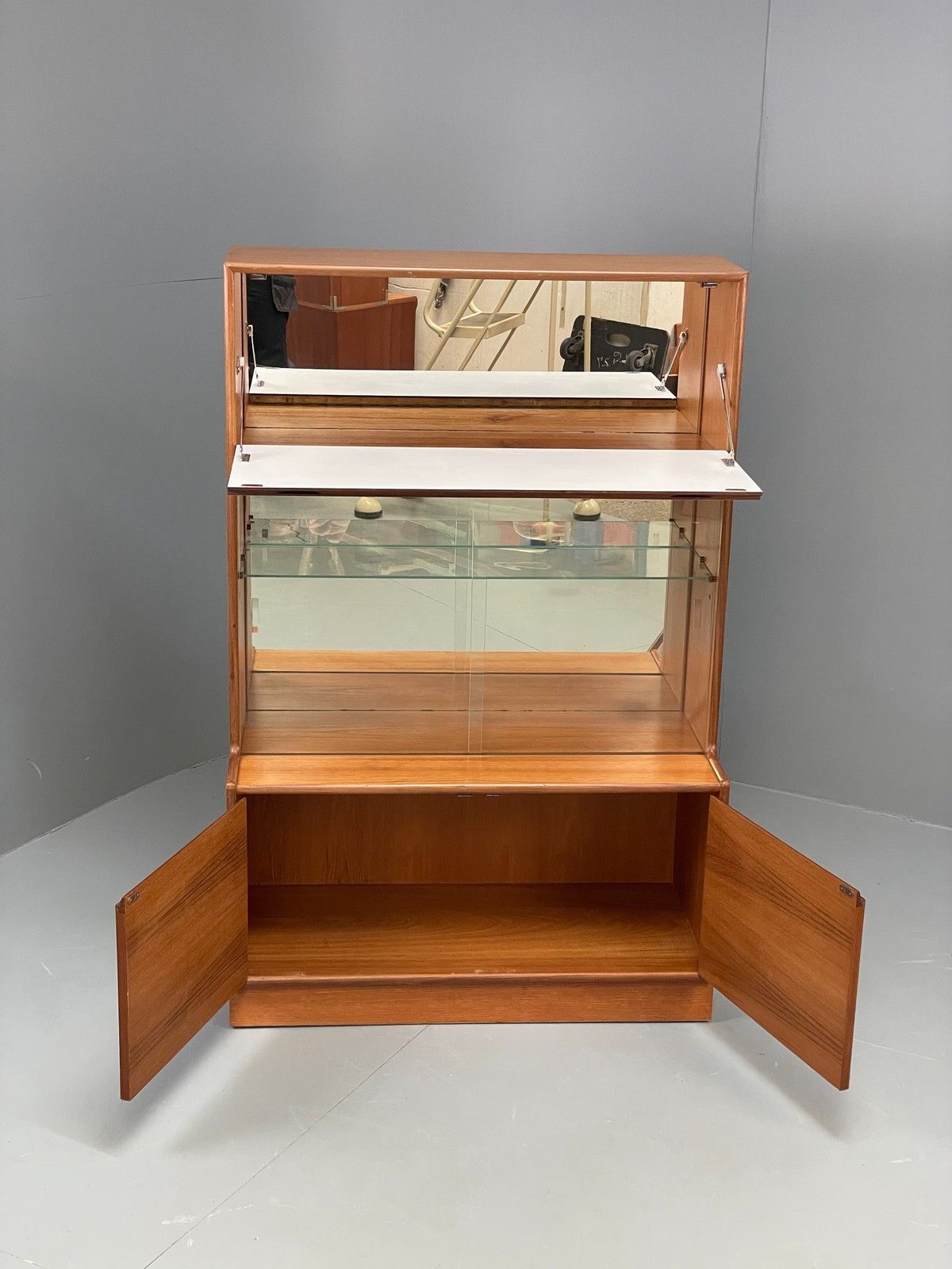 Vintage 1960s Cocktail Cabinet Teak White Formica Glazed Shelving Eb12081 photo for sale