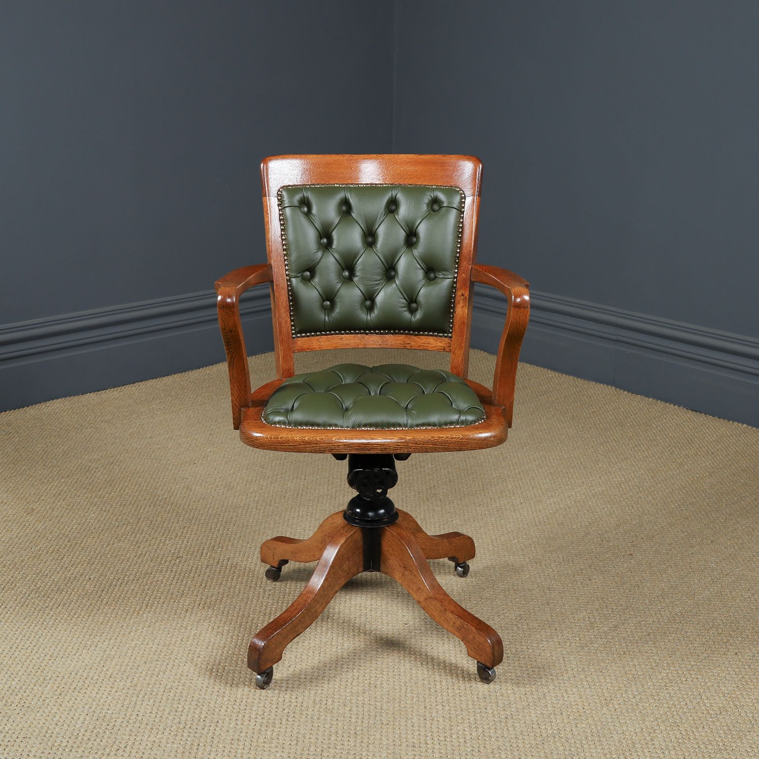 Furniture English Edwardian Oak & Green Leather Revolving Office Arm Chair Circa 1910 photo