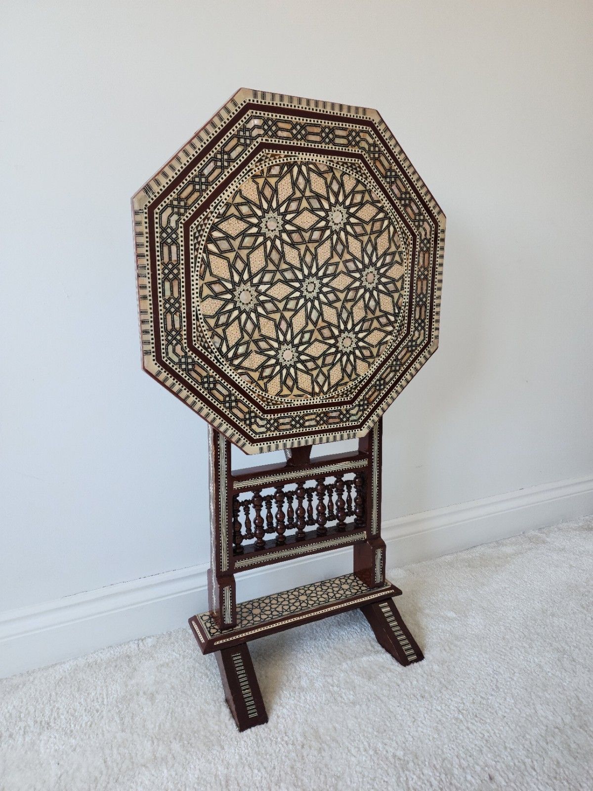 Moroccan Mother Of Pearl Mosaic Inlaid Tilt Top Damascan Folding Side Table photo for sale