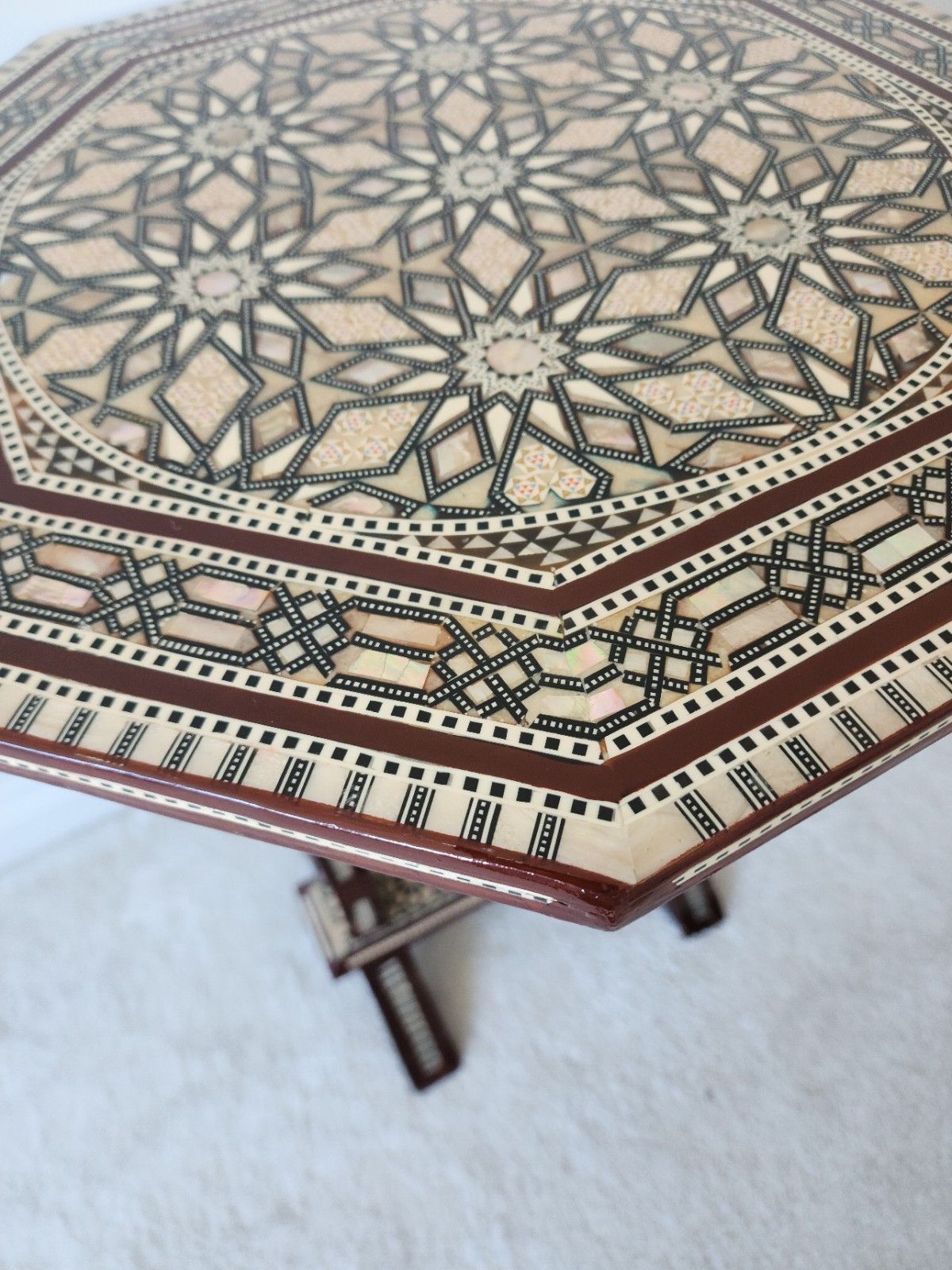 Moroccan Mother Of Pearl Mosaic Inlaid Tilt Top Damascan Folding Side Table photo vintage
