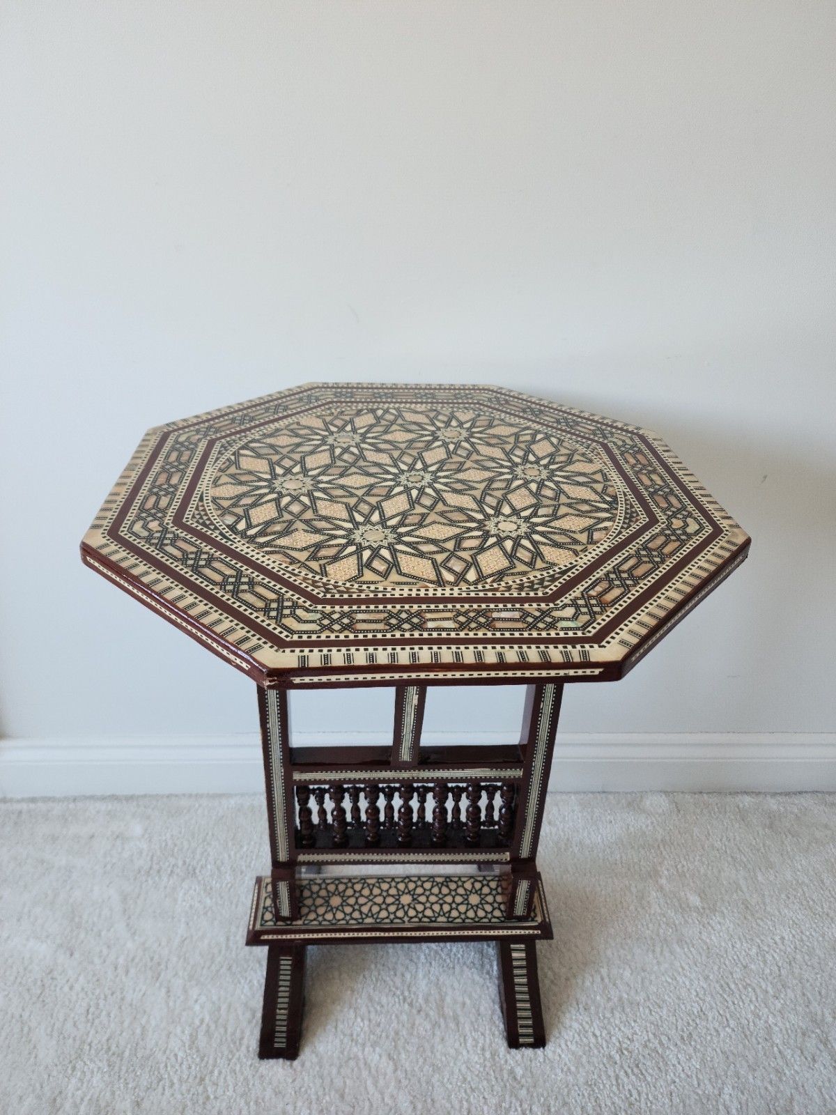 Furniture Moroccan Mother Of Pearl Mosaic Inlaid Tilt Top Damascan Folding Side Table photo